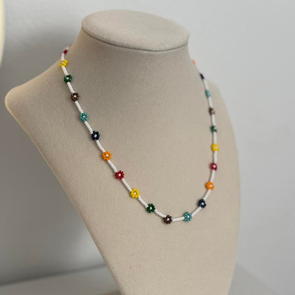 Handmade Beaded Necklace Colorful Flower Beads Floral Jewelry Unique Gift - Picture 3 of 4